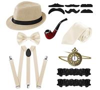 FEOYA Men's 1920s Gatsby Gangster Costume Accessories Fancy Dress Sets & Kits Prom Cosplay Party Panama Top Hat Pipe Vintage Pocket Watch Pre Tied Bow Tie Elastic Suspenders Moustache 8 Pcs Off White