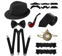 FEOYA Men's 1920s Gatsby Gangster Costume Accessories Fancy Dress Sets & Kits Prom Cosplay Party Panama Top Hat Pipe Vintage Pocket Watch Pre Tied Bow Tie Adjustable Suspenders Moustache 8 Pcs Black