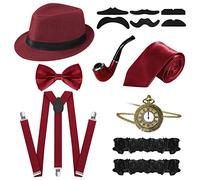 FEOYA Men's 1920s Gatsby Gangster Costume Accessories Fancy Dress Sets & Kits Prom Cosplay Party Panama Top Hat Pipe Vintage Pocket Watch Pre Tied Bow Tie Elastic Suspenders Moustache 8 Pcs Wine Red