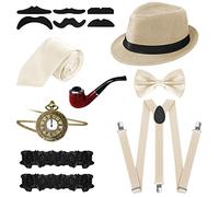 FEOYA Men's 1920s Style Costume Accessories Set Gatsby 8 Pieces Set Hat Manhattan Y Braces Bow Tie