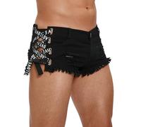 FEOYA Mens Denim Hot Pants Sexy Distressed Jean Mini Shorts Low Rise Side Strap Frayed Raw Hem Booty Denim Shorts Hollow Out Summer Party Club Beach Holiday Street Hotpants Black M