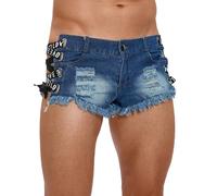 FEOYA Mens Denim Hot Pants Sexy Distressed Jean Mini Shorts Low Rise Side Strap Frayed Raw Hem Booty Denim Shorts Hollow Out Summer Party Club Beach Holiday Street Hotpants Blue M