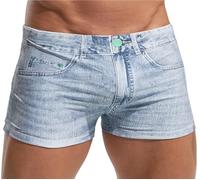 FEOYA Men's Denim Print Swimming Shorts Realistic 3D Square Leg Swim Trunks Water Sport Swimwear Boxers Summer Beach Board Shorts Elastic Swimsuit Bottom Grey White XS