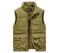 FEOYA Mens Fleece Lined Gilet with Zip Pockets Warm Multi Pocket Fishing Vest Winter Thick Fleece Body Warmer for Men UK Stand Collar Waterproof Sleeveless Jacket Coat Zip Up Outdoor Outwear Khaki 2XL
