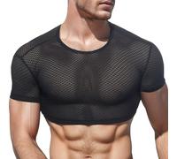 FEOYA Men's Half Crop Top Short Sleeve Lace Tops Mesh Sheer Muscle Top Black XXL Sports Undershirt Sexy Slim See Through Blouse Cropped T Shirt Fishnet Clubwear Workout Gym Bodybuilding Dance Tee