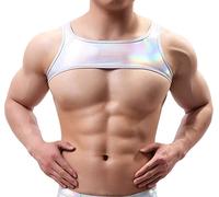 FEOYA Men's Half Crop Top Short Tank Top for Men UK Ice Silk Sexy Muscle Vest Silver S Sports Undershirt Shiny Metallic Tops Sleeveless Cropped Vests Clubwear Workout Gym Bodybuilding Dance T Shirt