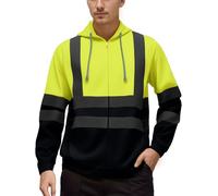 FEOYA Mens Hi Vis Viz Zip Up Hoodie Safety Fleece Jacket Hooded High Visibility Sweatshirt Reflective Work Hoodies for Men Highway Security Coat Fluorescent Workwear Zipped Pullover Yellow Navy Blue L