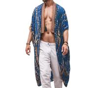 FEOYA Men's Kimono Robe Summer Beach Long Cardigan Printed Bathrobe Lightweight Open Front Kimono Jacket Cloak for Beach Pool Party Travel Holiday Style A Blue XL
