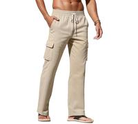 FEOYA Men's Linen Trousers Casual Lightweight Workout Yoga Pants Elastic Waist Drawstring Linen Pants with Cargo Pockets for Holiday Beach Summer Khaki M