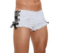 FEOYA Mens Mini Denim Shorts Sexy Cutout Side Strap Low Rise Ripped Jeans Shorts Summer Frayed Raw Hem Club Beach Holiday Streetwear Sissy Hotpants White M