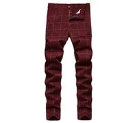 FEOYA Men's Plaid Chinos Dress Chino Trousers Slim Fit Suit Pants Stretch Straight Leg Trousers Fitted Cotton Checked Pants Zip Fly Casual Check Tartan Trouser Spring Autumn 01 Wine Red 32 Inch Waist