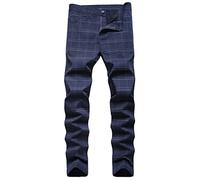 FEOYA Men's Plaid Chinos Dress Chino Trousers Slim Fit Suit Pants Stretch Straight Leg Trousers Fitted Elastic Cotton Checked Pant Zip Fly Casual Check Tartan Trouser Spring Autumn 01 Blue Size 40