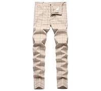 FEOYA Mens Plaid Chinos Dress Chino Trousers Slim Fit Suit Pants Stretch Straight Leg Trousers Fitted Cotton Checked Pant Zip Fly Casual Check Tartan Trouser Spring Autumn 01 Light Khaki 32 Inch Waist