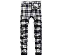 FEOYA Men's Plaid Chinos Slim Fit Checked Trousers Casual Chino Pants Stretch Straight Leg Trousers Fitted Cotton Tartan Pant Zip Fly Elastic Check Suit Trouser Spring Autumn 02 Black and White 42