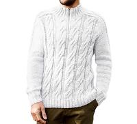 FEOYA Men's Quarter 1/4 Zip Jumper Turtleneck Sweater for Men UK Slim Fit Knitted Sweatshirt Warm Chunky Cable Knit Pullover Stand Collar Knitwear White M Winter Long Sleeve High Polo Neck Top Autumn