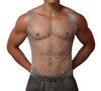 FEOYA Men's Rave Outfit Sheer Rhinestone Crop Top Sleeveless Tanks V-Neck Fishnet Vest Tops Music Festival Shirt Underwear Silver L