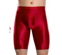 FEOYA Men's Shiny Glossy Oily Compression Shorts Tights See Through Sheer Sports Trunks Bottoms for Bodybuilding, Red, Large