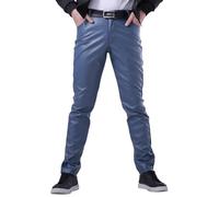 FEOYA Men's Slim Fit Leather Trousers Stretch Elastic Faux PU Pencil Pants Wet Look Straight Leg Trousers for Motocycle Biker Dance Bar Nightclub Stage Show Cosplay Mid Waist Summer Spring Blue 33