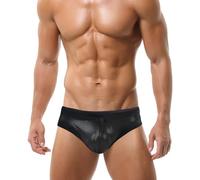 FEOYA Men's Swimming Briefs with Pouch Sexy Low Rise Swim Briefs for Men UK Summer Bikini Bottoms Leather Look Metallic Brief Swimwear Micro Swimming Trunks Costume Beach Padded Underwear Black XL