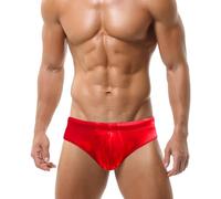 FEOYA Men's Swimming Briefs with Pouch Sexy Low Rise Swim Briefs for Men UK Summer Bikini Bottoms Shiny Leather Look Metallic Brief Swimwear Micro Swimming Trunks Costume Beach Padded Underwear Red S
