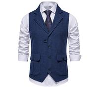 FEOYA Men's Waistcoat Wool Herringbone Tweed Tailored Collar Suit Vest with 5 Buttons Men's Sleeveless Vest Jacket Navy Blu XXL
