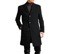 FEOYA Men's Wool Pea Coat Mid Long Single Breasted Coat Formal Winter Trench Coats for Men UK Classic Notch Lapel Woolen Coats Peacoat Black M Button Down Overcoat Casual Outwear Cardigan Jacket Solid