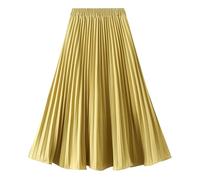 FEOYA Midi Pleated Skirts for Women UK Elasticated Waist A Line Skirt Ruffle High Waisted Long Skirt Flowy Elegant Party Dress Casual Layered Lined Dresses Spring Summer Solid Color Yellow