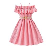 FEOYA Party Off Shoulder Dress for Kid Girls with Belt Hawaiian Ruffle Trim Sleeveless Dresses Solid Color Spaghetti Strap Sundress Pageant Midi Dress Pink 8-9 Years
