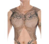 FEOYA Rhinestone Mens Mesh Shirt Fishnet Tank Tops Sleeveless See Through Nightclub Vest M Black