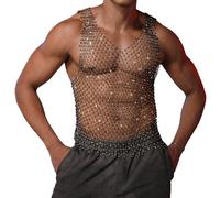 FEOYA Rhinestone Mens Tank Tops Sheer Mesh See Through Fishnet Sparkly Rave Outfit Festival V-Neck Men Shirt Sexy Club Party Black XL