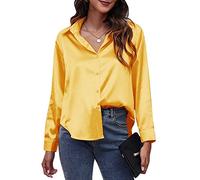 FEOYA Satin Blouse for Women - UK Long Sleeve Silk Shirts with Lapel V Neck, Loose Fit Casual Business Shirt, Plain Collared Formal Top, Irregular Button Front, Yellow