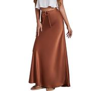 FEOYA Satin Long Skirts for Women - High Waisted Drawstring Skirts Brown L - Sexy Silk Bodycon Midi Fishtail Ankle Length Work Party Skirts