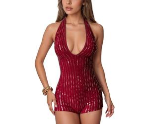 FEOYA Sequin Polka Dots Jumpsuits for Women One Piece Rave Concert Rompers 70S Disco Deep V Neck Body Suit Cute Halter Jumper Suits Birthday Party Backless Unitard Red L