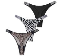 FEOYA Sexy Thongs for Women Rhinestone Low Rise Underwear High Cut G String Panty 3 Pack, Leopard/Black/Zebra Print, L