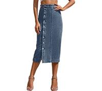 FEOYA Split Denim Skirt for Women UK Women's Long Jean Skirt Button Up Front Down Midi Denim Pencil Skirts Ladies A Line High Waisted Jeans Skirt Cotton Slim Fit Stretch Office Work Skirt Dark Blue XS