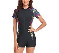 FEOYA Swimming Costume Women Short Sleeve Zip Up One Piece Swimsuit Rash Guard Surf Bathing Beachwear Modest Wetsuit D1 M