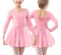 FEOYA Toddler Girls Ballet Leotard Sequin Gymnastics Dance Dress Cross Straps Outfit with Skirt Ballerina Costume Long Sleeve Dancewear for 5-6 Years Pink