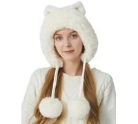 FEOYA Winter Beanie Hats for Women Warm Knit Skull Cap with Faux Fur Pompom Fleece Lining Ear Flaps Hats with Cat Ears B-White
