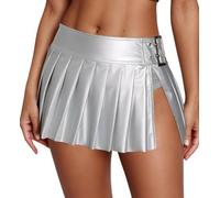 FEOYA Woman Y2K Slit Skirts Micro Pleated Outfit Faux Leather Pleather Clubwear Cute Mini Skirt Emo Low Rise Miniskirt Silver M
