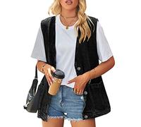 FEOYA Women Oversized Denim Gilet Baggy V Neck Denim Waistcoat Button Down Sleeveless Jean Jacket Distressed Loose Fit Collarless Gilet Cotton Casual Washed Vest with Pockets Autumn Spring 04 Black XL
