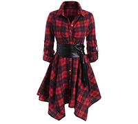FEOYA Women Plaid Shirt Dress Long Sleeves Button Down Belted Dress Irregular Hem Checked Dresses Casual Spring Fall Shirt Dress Red M