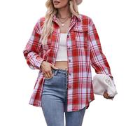 FEOYA Women‘s Button Down Blouse Top Casual Plaid Shirt Classic Long Sleeve Shirt Flannel Checked Shirt Tartan Shirts Color Block Long Sleeve Overshirt with Pocket Red