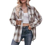 FEOYA Women‘s Classic Long Sleeve Shirt Flannel Checked Shirt Casual Plaid Shirt Button Down Blouse Top Tartan Shirts Color Block Long Sleeve Overshirt with Pocket Brown