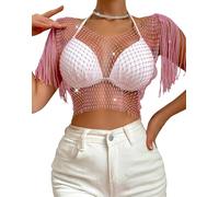 FEOYA Women Sexy Sheer Mesh See Through Crop Top Long Sleeve Glitter Sequin Shirt Rhinestone Transparent Sparkle Blouse Party Clubwear Pink L