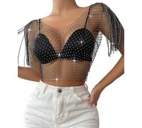 FEOYA Women Sexy Sheer Mesh See Through Crop Top Long Sleeve Glitter Sequin Shirt Rhinestone Transparent Sparkle Blouse Party Clubwear Black S