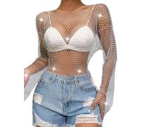 FEOYA Women Sexy Sheer Mesh See Through Tops Long Sleeve Glitter Sequin Shirt Rhinestone Cover Up Transparent Sparkle Blouse Party Clubwear White M
