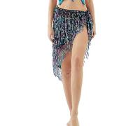 FEOYA Women Triangle Belly Dance Hip Belt with Gold Coins Sequin Tassel Short Skirts Party Wrap Skirts Festival Costume C-Starry Blu
