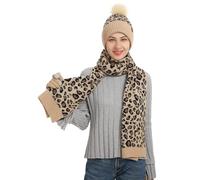 FEOYA Women Warm Beanie Hat Scarf Touch Screen Gloves 3 Pcs Leopard Print Thick Plush Lined Knit Cuffed Pompom Skull Cap Neck Warmer Mittens Off-White