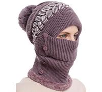 FEOYA Women Winter Balaclava Pullover Knitted Hat Mask Set Warm Hooded Scarf Fleece Face Cover Ski Cap for Snowboard Outdoor Sports B-Purple