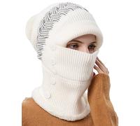 FEOYA Women Winter Balaclava Pullover Knitted Hat Mask Set Warm Hooded Scarf Fleece Face Cover Ski Cap for Snowboard Outdoor Sports B-White